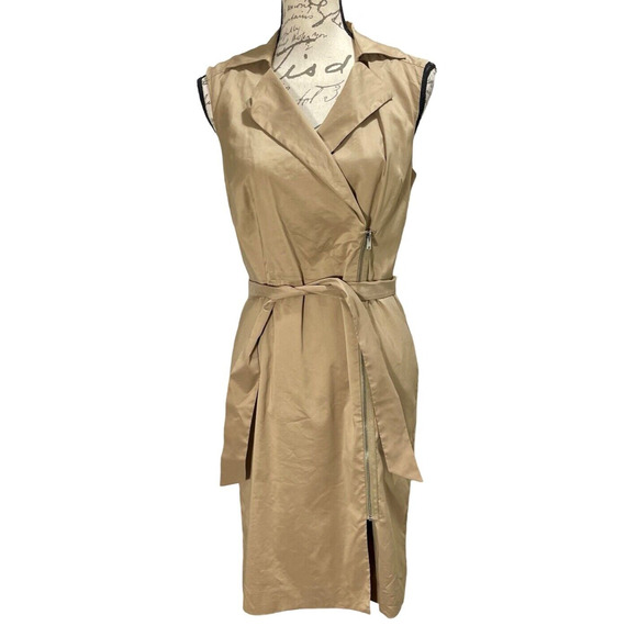 Ann Taylor Women's Y2K Khaki Collared Sheath Dress Zipper Front Tie Size 6 - Picture 1 of 9